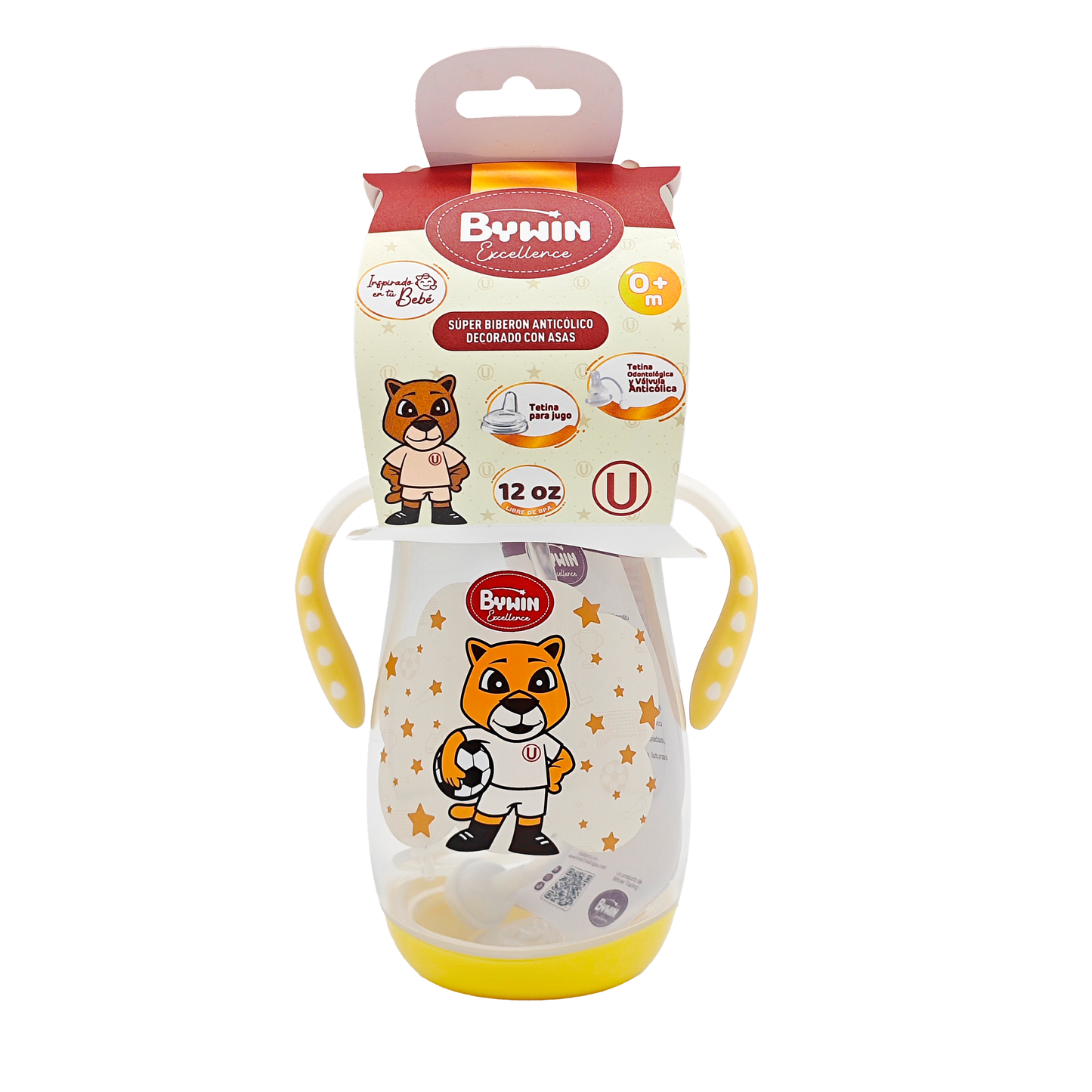 BYWIN. SUPER BIBERON ANTICOLICO PLASTICO DECORADO CON ASAS GARRITA UNIVERSITARIO 12 OZ