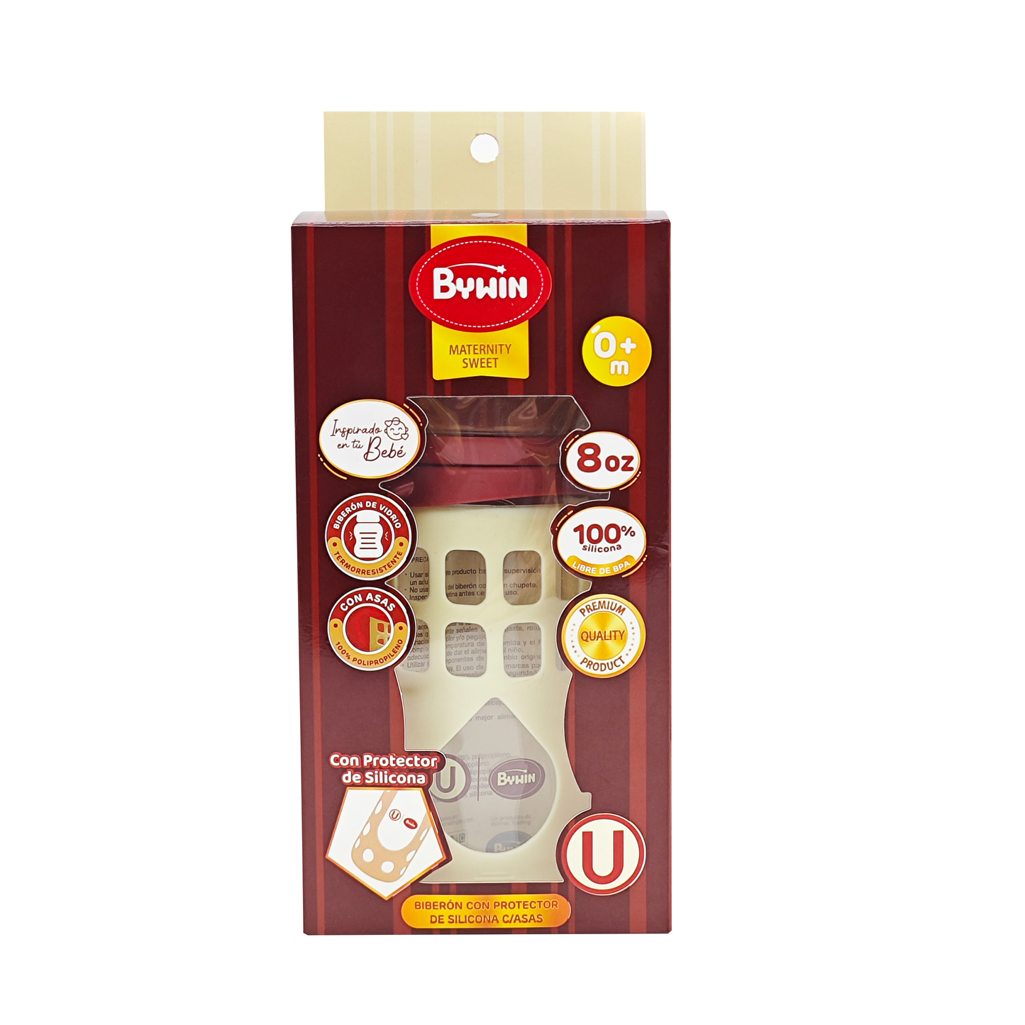 BYWIN. BIBERON DE VIDRIO CON ASAS CON PROTECTOR DE SILICONA LA "U" 8 OZ