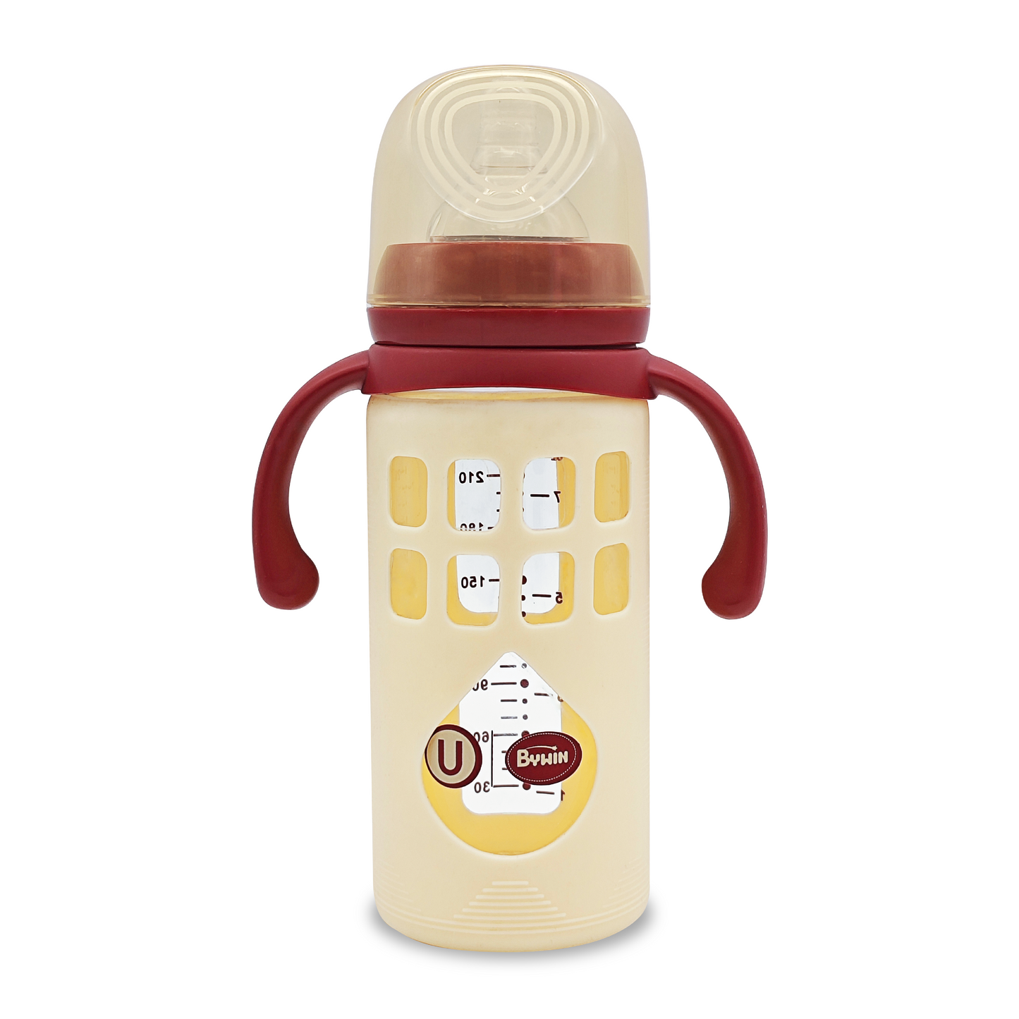 BYWIN. BIBERON DE VIDRIO CON ASAS CON PROTECTOR DE SILICONA LA "U" 8 OZ