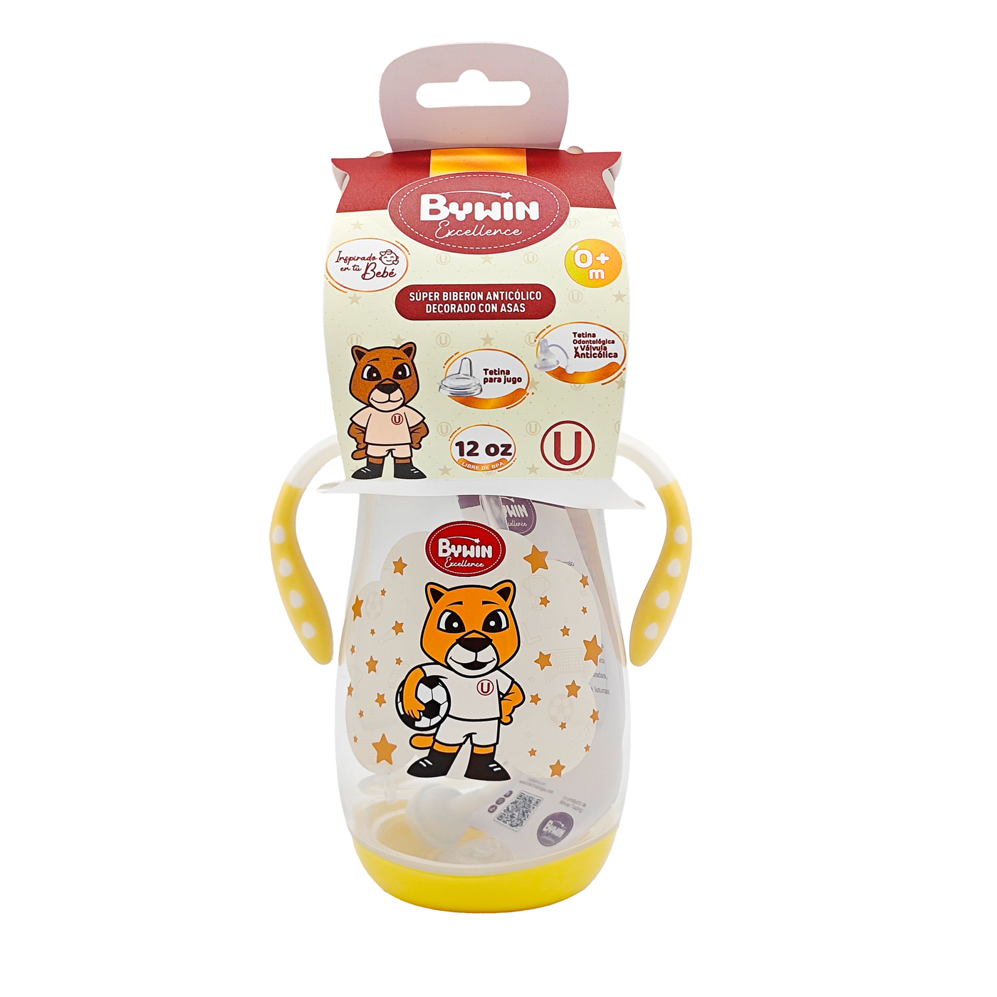 Bywin. Super Biberon Anticolico Plastico Decorado con Asas Garrita Universitario 12 OZ