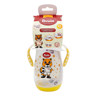 BYWIN. SUPER BIBERON ANTICOLICO PLASTICO DECORADO CON ASAS GARRITA UNIVERSITARIO 12 OZ