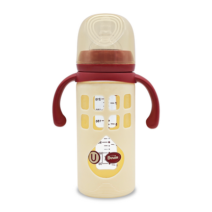 BYWIN. BIBERON DE VIDRIO CON ASAS CON PROTECTOR DE SILICONA LA "U" 8 OZ