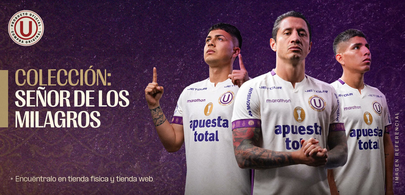 Colección Señor de los Milagros: jugadores de Universitario con la camiseta conmemorativa blanca y morada