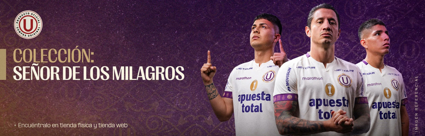 Colección Señor de los Milagros: jugadores de Universitario con la camiseta conmemorativa blanca y morada